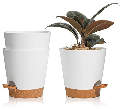 T4U 3 Pcs Pots de Fleurs en Plastique Blanc 14cm Auto Arrosant, Soucoupe Pot Fleur de Système d'arrosage Convient aux Jardins de Balcon Intérieurs et Extérieurs