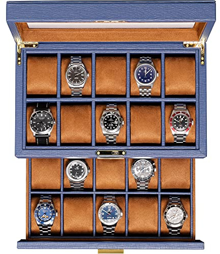 Cofanetto porta orologi in pelle con 20 scomparti, Porta orologi di lusso con display per gioielli con grande parte superiore in vetro - Porta orologi per uomo e donna - Scatola Dell'orologio