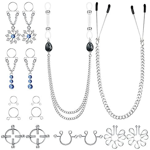 Kakonia 13Pcs Nipple Clamps for Women Non-Piercing Dangle Nipple Bars Clip On Nipple Rings Stainless Steel Fake Body Piercing Jewellery