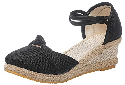 azaz Sandales Femme Été Confortable Sandales Compensées Mode Multiples Tressé Lin Chaussures Respirantes Bout Rond Fermé Sandales Décontractées Respirantes Semelles Épaisses Compensées Chaussons