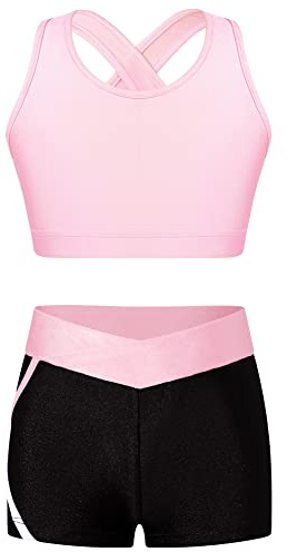 IEFIEL 2 Pezzi Tuta da Ginnastica Artistica Bambina Costume da Allenamento Pattinaggio Reggiseno a Crossback + Pantaloncini Completo Sportivo Yoga Corsa Tennis