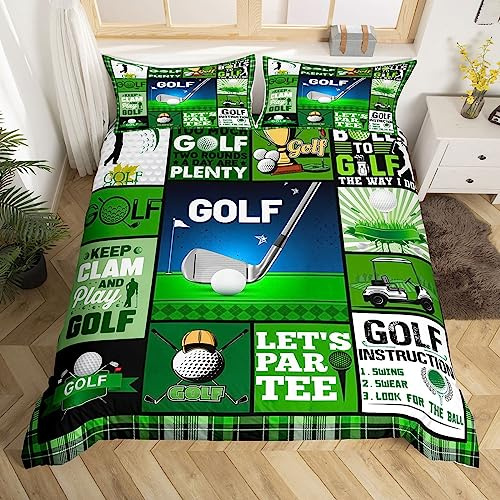 Golf Duvet Cover Set Double Size, Outerdoor Sports Theme Bedding Set 3pcs for Kids Boys Teens Room Decor, Green Grid Lattice Patchwork Comforter Cover Ball Gaming Quilt Cover with 2 Pillowcases