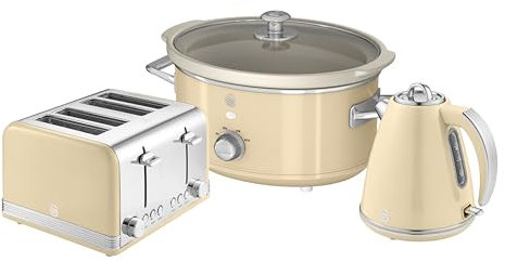 Swan Retro Kitchen Set, 1.5L Fast Boil Kettle & 4 Slice Toaster & 3.5L Slow Cooker, Cream, SK19020CN, ST19020CN, SF17021CN