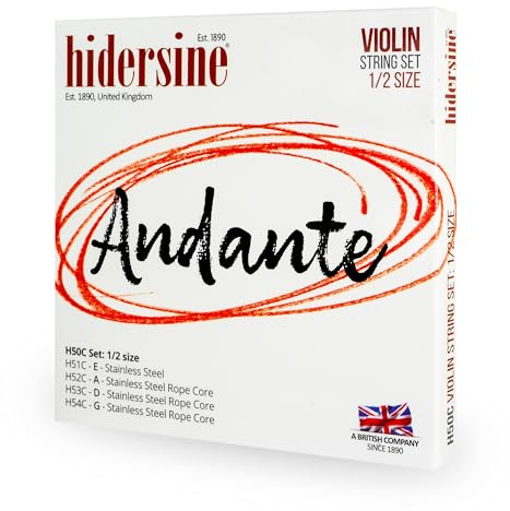 Hidersine Andante Violinensaiten-Set für 1/2 Größe, Stahlseilkern für einfaches Spielgefühl, toller Klang und tolles Preis-Leistungs-Verhältnis. Ideale Saiten für Violinen in halber Größe, 1 Set mit 4