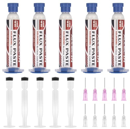 ALLECIN 5 Piezas Flujo de Soldadura 10mL Flux Sin Plomo 10CC Flux Soldar de Jeringa No Clean Solder Flux Paste AEC-558 con Aguja y Varilla de Empuje para LED SMD BGA Soldadura Electronica