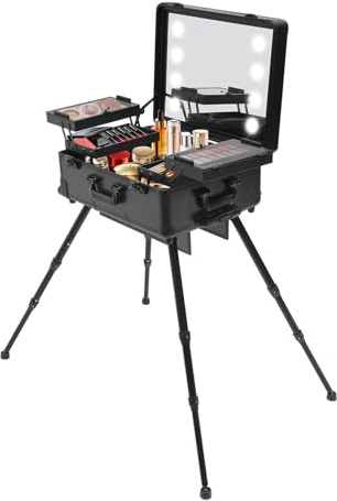 Valigetta per cosmetici, trolley da 22 pollici, con 4 ruote, luce LED e gamba di supporto (nero), Nero , Stile da viaggio