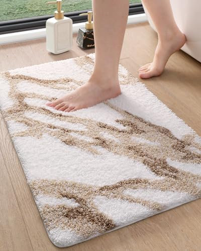 DEXI Marble Bath Mat 36x24, Bathroom Rug Non Slip Washable, White and Beige