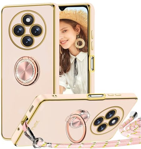 TVVTPU Funda para Xiaomi Redmi 14C / Poco C75 con Cuerda y Anillo de Soporte 360°, Carcasa Galvanizado Suave TPU Bumper Antigolpes Móvil Case con Ajustable y Retirable Collar, Rosa