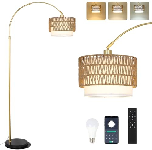 Rayofly Lámpara Arco Dorada para Salón con Mando a Distancia, Lámpara de Pie Moderna para Salón Regulable con Pantalla de Ratán y Bombilla LED, Control por App, Boho Lámpara de Pie Arco para Dormir