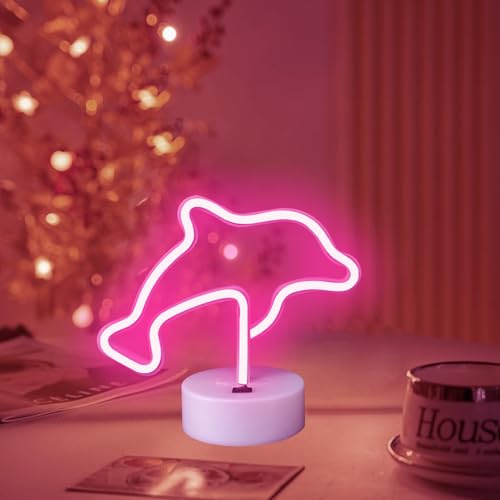 Dolphin LED Night Light - USB/Battery Neon Bedroom Pedestal Light Decor Kids Anniversary Salon Decor (Pink)