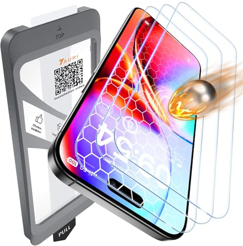 TAURI 4 i 1 för iPhone 16 skärmskydd | 1 dammfri enkel installationsverktyg + 3-pack härdat glasfilm, 9H hårdhet bubbelfri HD skärmskydd för 16