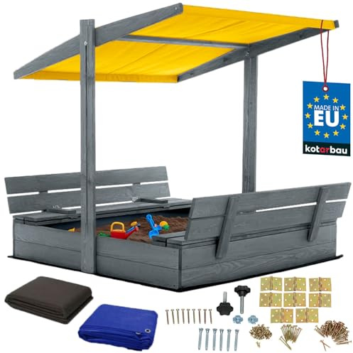 KOTARBAU® Sandlåda i Trä 120 x 120 cm, Sandlåda med Lock | Brun, Bänkar, för Barn Utomhus, med Gult Tak, med Solskydd och Markduk
