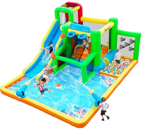 FBSPORT Château Gonflable avec Soufflerie, Toboggan Sec/Eau Parc Aquatique XXL pour Enfants Extérieur Intérieur, Aire de Jeux Gonflable avec Trampoline Pataugeoire Panier de Basket, 425 x 355 x 215cm