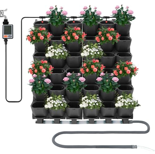 Pared para plantas con temporizador LCD, 12 macetas de 3 agujeros (36 bolsillos), montaje en pared con batería, depósito de agua de 300 ml y mangueras para balcón, jardín, terraza, color negro