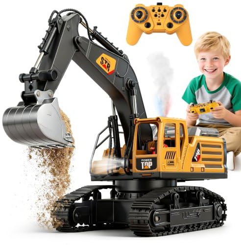 Pelleteuse Télécommandée Enfant Jouet RC Tractopelle Telecommandé Son Lumière, Pelle Métallique, Jouet Engin Chantier Cadeau Anniversaire Enfants 3 4 5 6 7 8 Ans