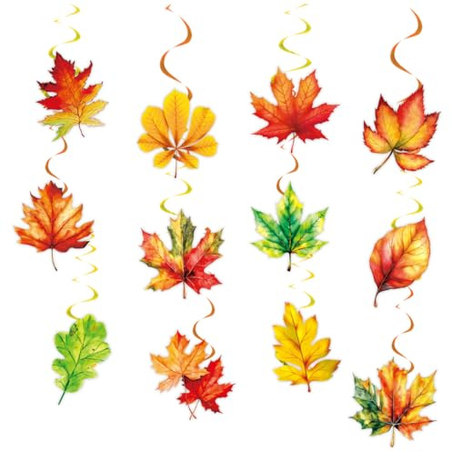 12 PCS Maple Leaf Hanging Swirls Decor, Fall Party Decorations for Thanksgiving Autumn Harvest Birthday Party, Ceiling Hanging Ornaments for Home Wall Fireplace Mantel Decoration
