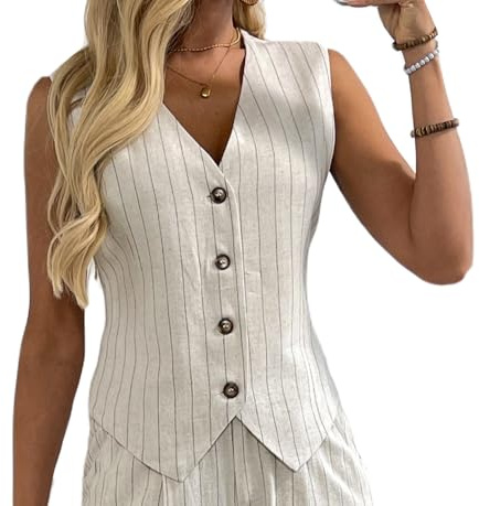 Gilet da donna in lino con scollo a V con bottoni per lavoro e vacanze, blazer senza maniche, panciotto, X-Large
