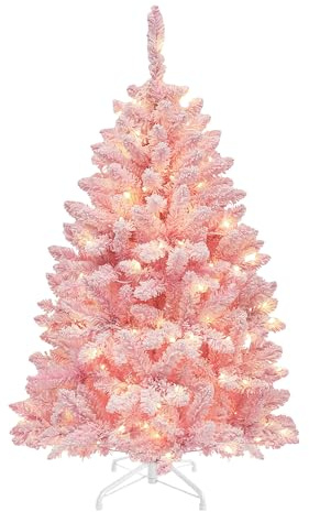 YITAHOME137cm Prelit Pink Flocked Spruce Artificial Christmas Tree, Pre-Lit Pink Christmas Tree with 400 PVC Tips and 200 Warm-White Lights for Home, Office Decoration