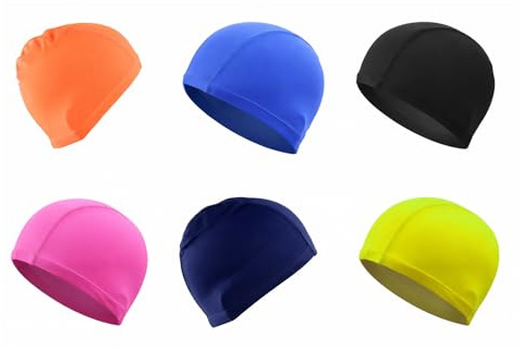 Bamily 6Pcs Swimming Cap, Multicolor Swim Cap for Adults Unisex, Elastic Comfortable Non-slip Polyester Bathing Cap, Lightweight Durable for Swimming, Water Sports & Daily Use