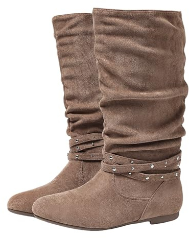 Jemnpela Women's Suede Slouchy Boots Mid Calf Retro Ruched Fashion Tall Booties Round Toe Low Flat Heel with Full Length Side Zipper Casual All-Season Shoes for Working Dating Travelling