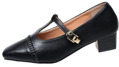 Sandali da donna, eleganti e comodi, per costume tradizionale bavarese Dirndl, Oktoberfest, con cinturino a T, tacco a blocco, scarpe con tacco alto, scarpe da matrimonio, Nero , 39 EU