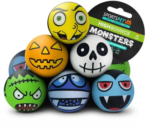 SPORTSPET Halloween High Bounce Dog Balls | 9 PACK | Monster Rubber Balls for Dog | Non-Toxic, Floats | 60mm Spooky Toys for Dogs | Frankenstein, Witch & Vampire Halloween Toy