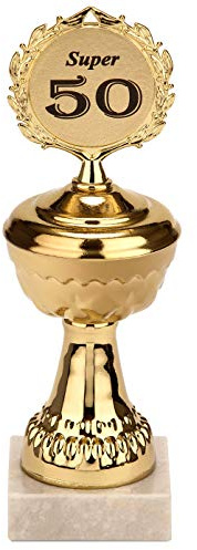 Brubaker Pokal med årtal – gyllene trofé med marmorsockel – presentidé för runda födelsedagar jubileer – motiv: Super 50