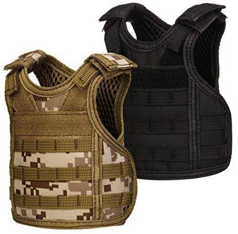 AOUTACC Mini Tactical Beer Vests, Molle Beer Cooler Jacket Adjustable Drink Bottle Vests Holder Beverage Cooler Holder for 12oz or 16oz Cans or Bottles (2 Pack, Black + Desert Camo)
