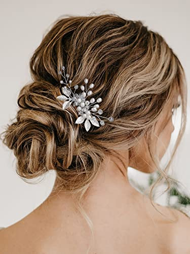 Vakkery Braut Hochzeit Haarkamm Silber Perle Kopfschmuck Blatt Hochzeit Haarschmuck für Damen und Mädchen