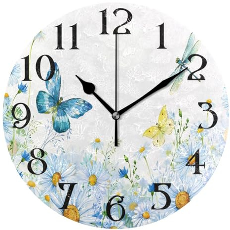 ALAZA Butterfly Wall Clock Butterflies Clock Wall Decor Battery Operated Floral Clocks Daisies Wall Clock with Butterflies 9.5 in Non Ticking Quartz Analog Bathroom Clock