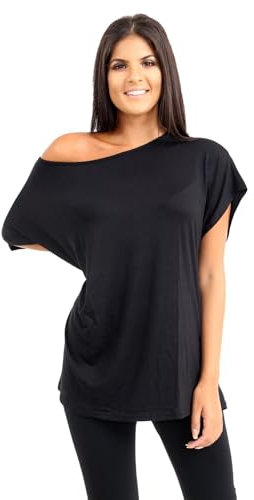 janisramone® Women's Off The Shoulder Batwing Top, Bardot Baggy Style Oversized T Shirt for Women - New Plain Fashionable Ladies Tops for Casual & Party Wear Black