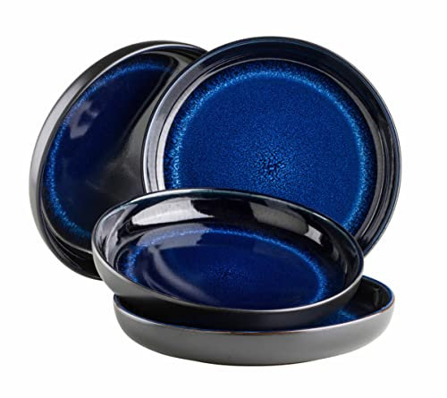 MÄSER Serie Niara Set di piatti fondi moderni per 4 persone in emozionante look vintage, grandi piatti profondi per pasta e zuppe in ceramica, gres, blu/nero