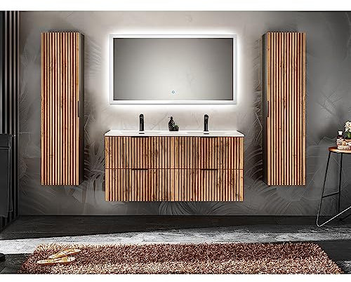 Lomadox Badezimmer Komplett Set Doppelwaschtisch 121 cm Keramik Waschbecken 2 Hochschränke Spiegel Beleuchtung anthrazit mit Eiche Nb. schwarz Rillen MDF Fronten