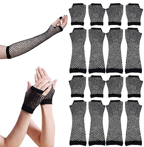 ZIOYA 8 Paare Netzhandschuhe Schwarz Lang und Kurz Fischnetz Handschuhe Fingerlose Fischnetz Handschuhe Damen Handschuhe für 80er Jahre Verkleidung Kostüm Party Lieferungen