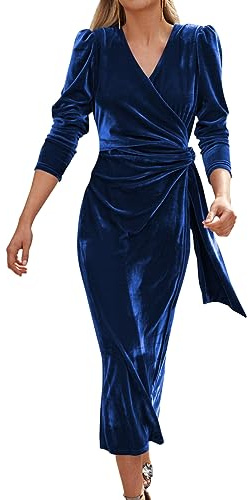 Tomwell Vestito Donna Sexy con Scollo a V Abito a Maniche Lunghe Tinta Unita Abiti Autunno Inverno Elegante Vintage Abito Maxi da Cocktail in Velluto A Blu L