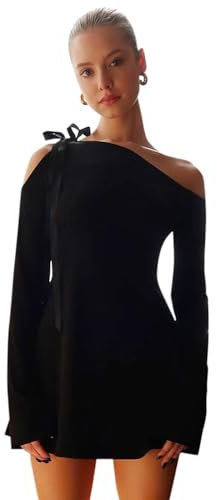 Damen Cocktailkleid Schulterfrei Sexy Langarm Partykleid Wickelkleid Bodycon Mini Kleid Abendkleider Einfarbig Festliche Elegant T Shirt Kleid