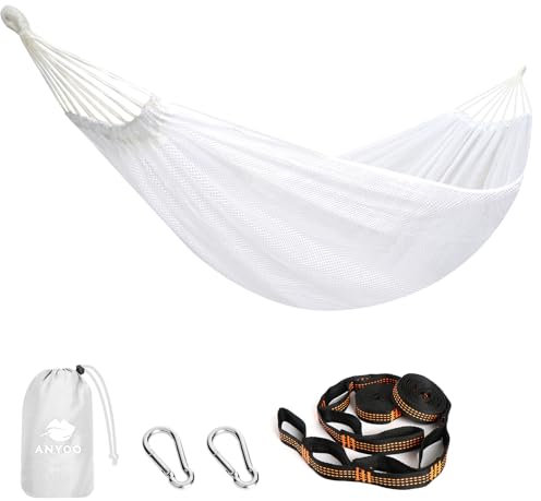 Anyoo Große Netz Hängematte 320x150cm, Atmungsaktives Cool-Mesh Hängematte mit Baumgurten für Outdoor Camping Garten Wandern Rucksacktouren