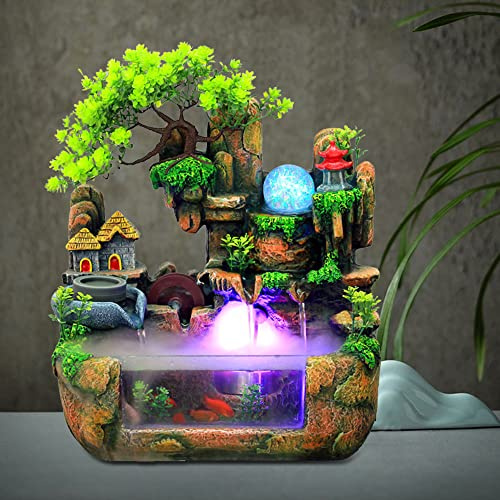 Tabletop Fountain Resin Indoor Home Decoration, 12LED Color Lights Waterfall Fountain 110V Desktop Fountain, with Atomizer, Small pots and Fish Tanks, Rockery Water Fountain for Bedroom Relaxation.