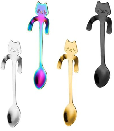 BZKSER Cucharadita - 4 pcs cucharillas,Cuchara para Mezclar Mini Gato，Cuchara de Café de Gato de Acero Inoxidable 304, para té, azúcar, Pastel, Helado, vajilla,Postre (4 Colores)