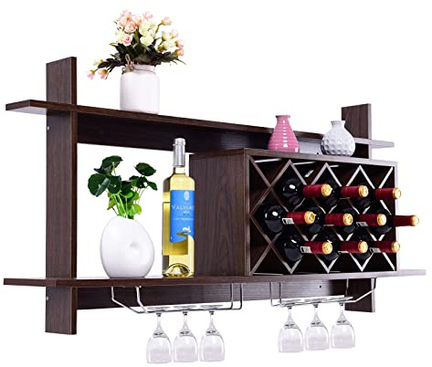 GIANTEX Vinställ med vinglashållare, vägghylla vinflaskor trä, vinhållare vinflaskhållare, hängande hylla glashylla flaskhylla, hängande vinhylla 120 x 20 x 59 cm mörkbrun