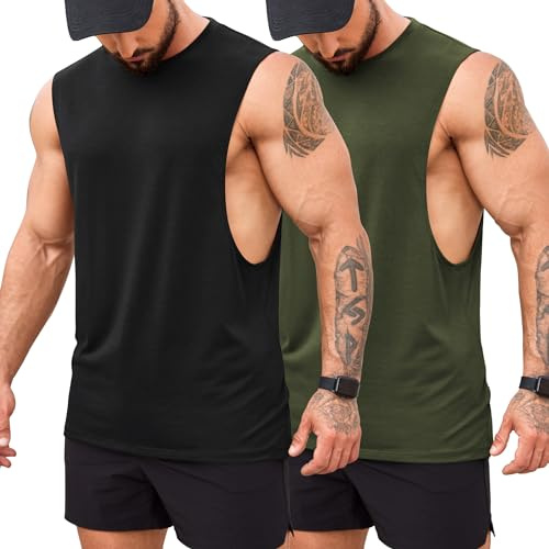 COOFANDY Men's Gym Tank Tops Bodybuilding Muscle Vest Workout Summer Fitness Sleeveless T Shirt Black Army Green L