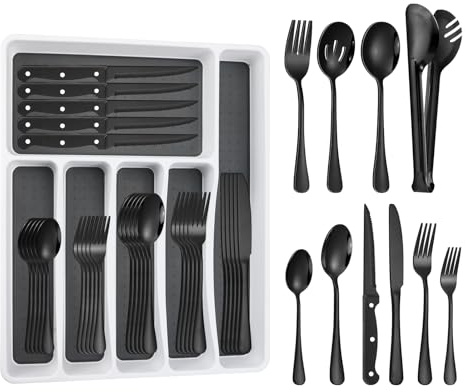 53PCS Black Silverware Set for 8 with Flatware Drawer Organizer, Stainless Steel Cutlery Set with Steak Knives, Include Spoons and Forks Set & Serving Utensils, Mirror Polished, Dishwasher Safe