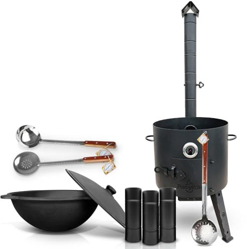 Hierro fundido Kazan 16 L Kazan Казан con horno de fuego Utschak Ø 44 cm redondo suelo termómetro cucharón espumadera cuchara cuchara para tubo de extensión Plov Учак Учаг Uchag Asia (Set 4)