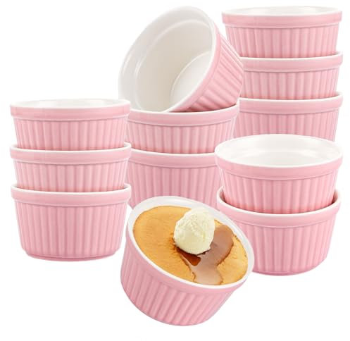 SHUESS 12 Stück Creme Brulee Schälchen, 200 ml Souffle Förmchen zum Backen, Souffleeförmchen Backofenfest, Ofenfeste Creme Brulee Schalen, 9,3 x5,2 cm (Rosa)