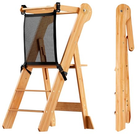 COSYLAND Foldable Toddler Standing Tower - Adjustable Height Folding Step Stool Kids Toddler Kitchen Stool for Learning and Cooking - Ages 18 Months to 6 Years with Safety Net Natural