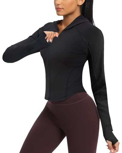Terecey Giacca Sportiva da Donna con Cappuccio Giacca da Corsa, Yoga Allenamento a Maniche Lunghe Camicia Sportiva Fitness, Slim Fit