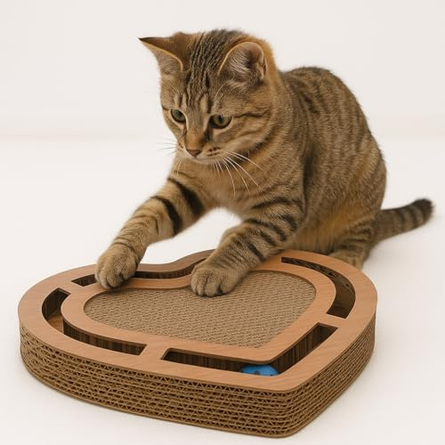 griffoir pour Chat - Jouet griffoir Poro cœur Beige Brun 42,5x33,5x5,5 cm - Carton Recyclable - avec Herbe à Chat - Balle avec Clochette - Jouet Chat