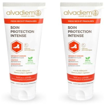 Intensiv skyddsvård | Reparerar och återfuktar | Skyddar mot friktion | uppmuntrar mikrocirkulationen | torra och försvagade fötter | Lämplig för diabetiker | 96 % naturliga ingredienser | 2 x 100 ml