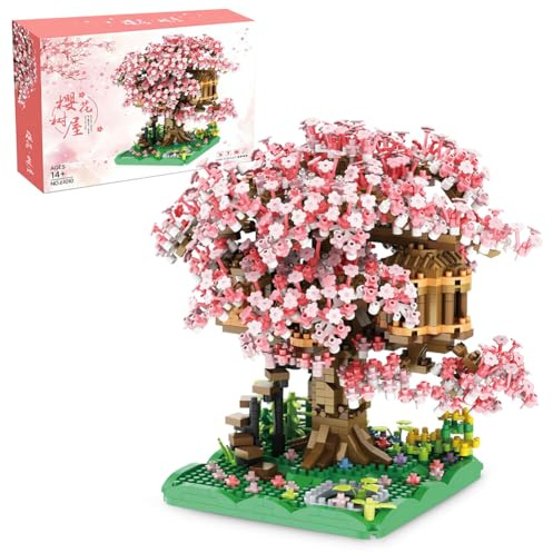 MIFKLMV Sakura Tree House Building Block Set, DIY Cherry Blossom Tree House Mini Bonsai Model for Display, Gifts for Kids & Adults