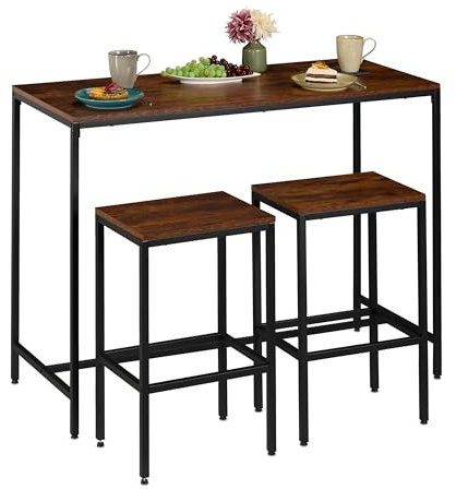 Relaxdays Set di Tavolo Bar con Sgabelli, Bancone Alto, Penisola da Cucina in Stile Industriale, 90x120x50 cm, Marrone